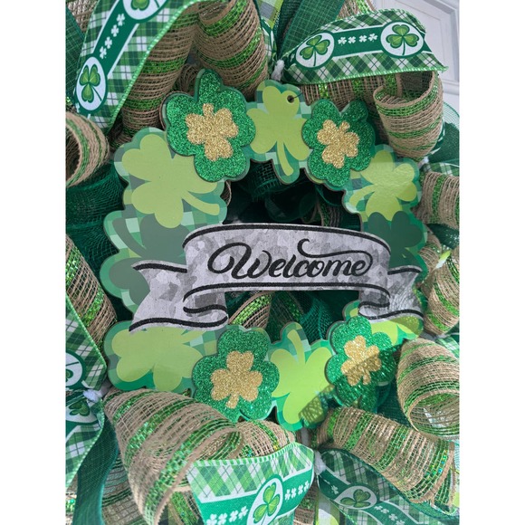 Welcome Shamrock Clover Saint Patrick’s Day Mesh Ribbon Wreath Door Hanger - Picture 2 of 9